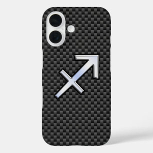 Funda iPhone 16 Sagittarius Zodiac Rótulo estilo fibra de carbono