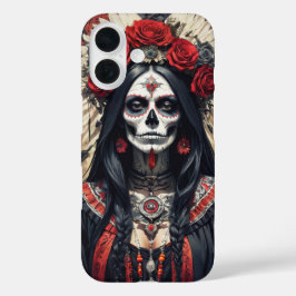 Funda iPhone 16 Santa Muerte adornada con flores rojas cubierta