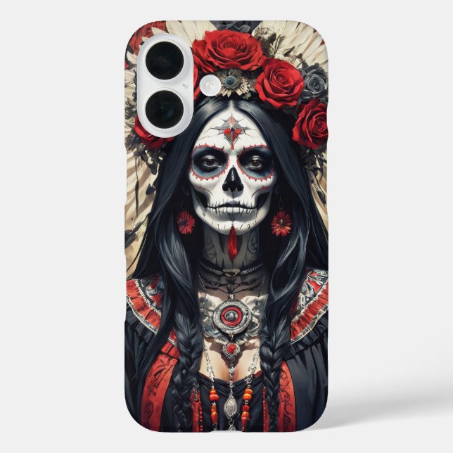 Funda iPhone 16 Santa Muerte adornada con flores rojas cubierta (Reverso )