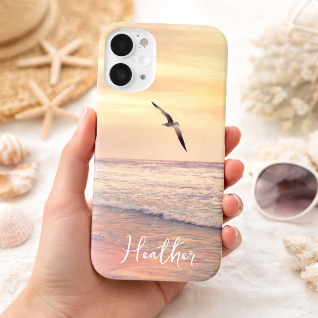 Funda iPhone 16 Seagull at Florida Sunrise Beach Name (Sunrise with Seagull Bird Florida Beach Add Your Name Apple Phone Case)