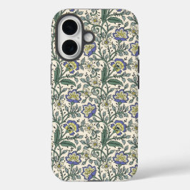 Funda iPhone 16 Seamless blue, yellow, and white floral pattern 