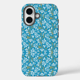 Funda iPhone 16 Seamless Floral Pattern: White and Gold on Blue