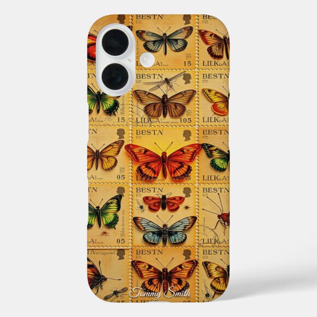 Funda iPhone 16 Sellos de mariposa de época (Reverso )