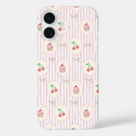 Funda iPhone 16 Shabby chic Rayas rosas cerezas Cupcakes Retro