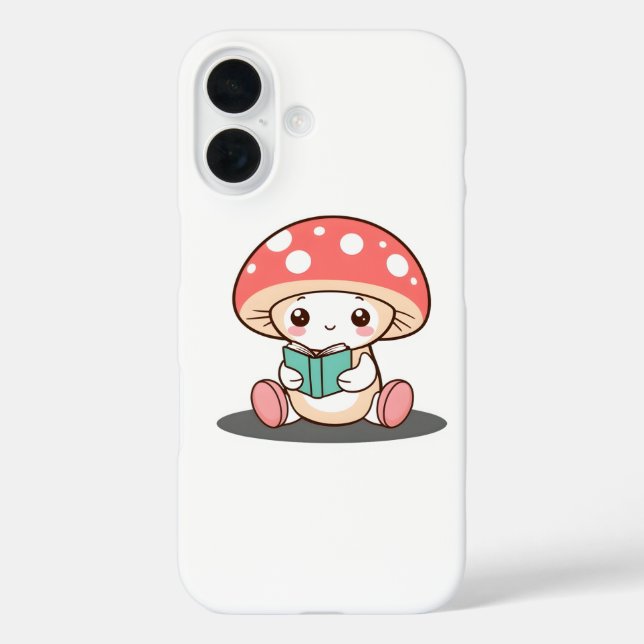 Funda iPhone 16 Shy Mushroom sostiene un libro (Reverso )