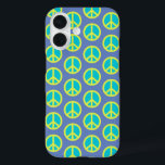 Funda iPhone 16 Signo de paz hippie retro en azul<br><div class="desc">Patrón de signo de paz hippie retro en estuche de teléfono azul</div>