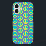 Funda iPhone 16 Signo de paz hippie retro en azul<br><div class="desc">Patrón de signo de paz hippie retro en estuche de teléfono azul</div>
