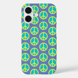 Funda iPhone 16 Signo de paz hippie retro en azul