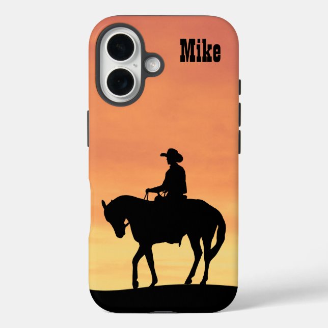 Funda iPhone 16 Silhouette Cowboy al atardecer (Reverso )