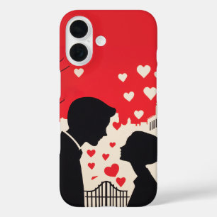 Funda iPhone 16 Silhouette romántica Pareja Corazones de paisajes