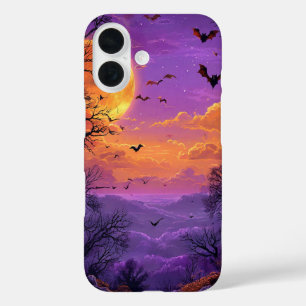 Funda iPhone 16 Silueta de Mansión Embrujada con Murciélagos