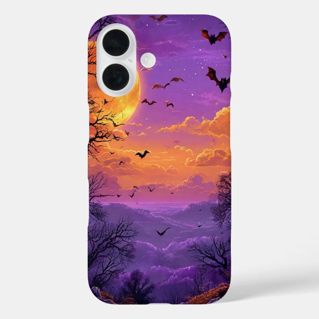 Funda iPhone 16 Silueta de Mansión Embrujada con Murciélagos (Reverso )