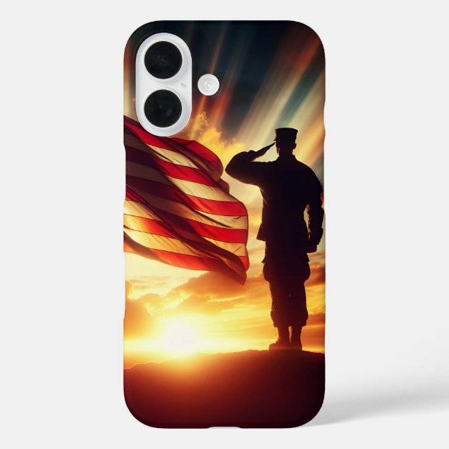 Funda iPhone 16 Silueta de un soldado estadounidense que saluda (Reverso )