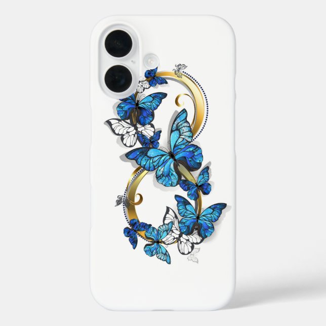 Funda iPhone 16 Símbolo infinito de mariposas Morpho azules (Reverso )