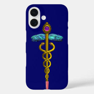 Funda iPhone 16 SÍMBOLO MÉDICO CADUCEO DE ORO, Azul