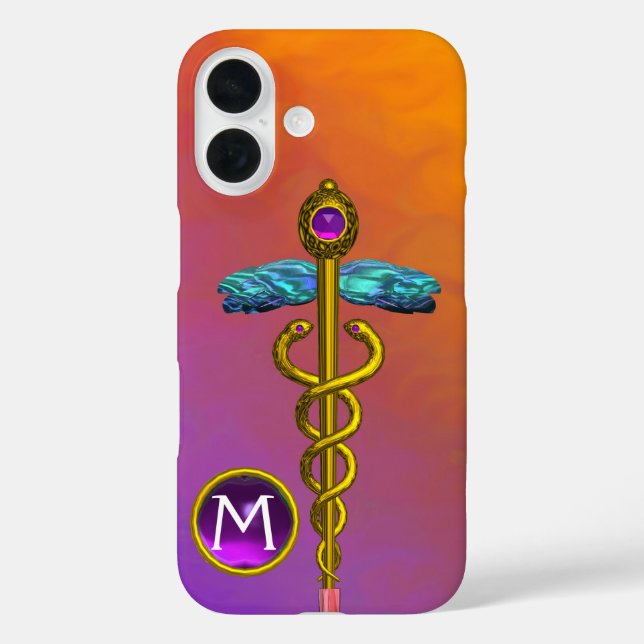 Funda iPhone 16 SÍMBOLO MÉDICO CADUCEO DE ORO Monograma Gema púrpu (Reverso )