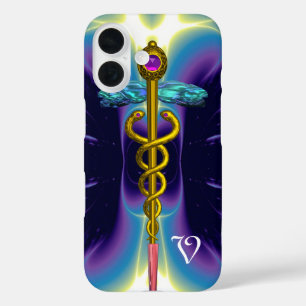 Funda iPhone 16 SÍMBOLO MÉDICO CADUCEO DE ORO, Monograma morado az