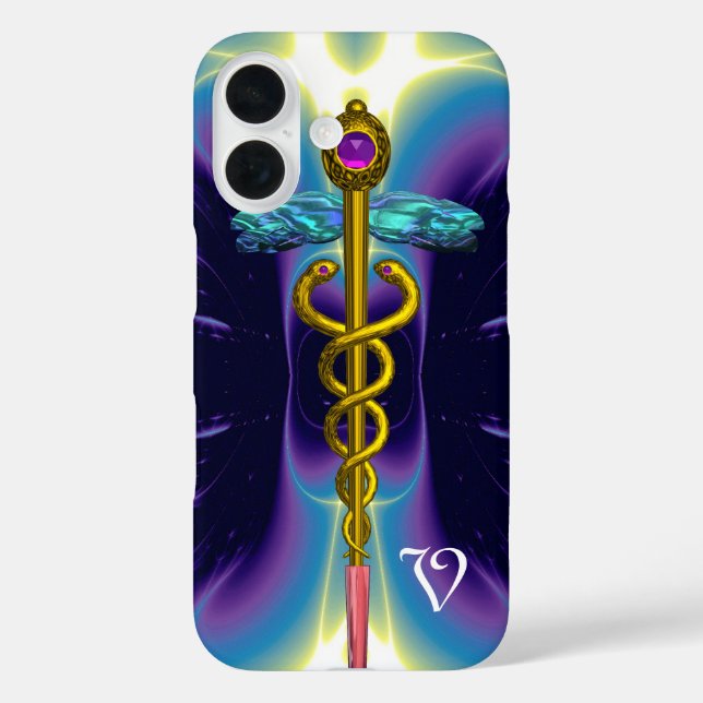 Funda iPhone 16 SÍMBOLO MÉDICO CADUCEO DE ORO, Monograma morado az (Reverso )
