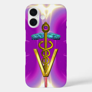 Funda iPhone 16 SÍMBOLO VETERINARIO CADUCEO DE ORO / Folisia rosa