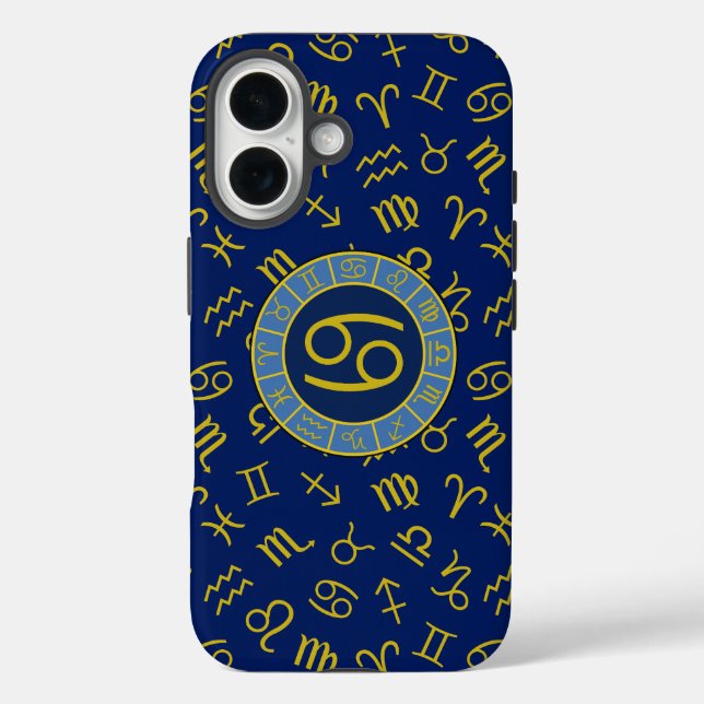 Funda iPhone 16 Símbolos Zodiac+Astrología Cáncer Patrón Oro+Blues (Reverso )