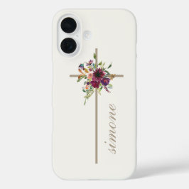 Funda iPhone 16 Simple Cross Burgundy Floral Nombre Personalizado