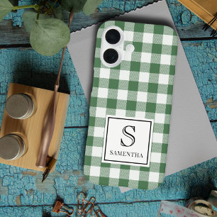 Funda iPhone 16 Simple Plaid Verde y Blanco Monograma y Nombre Neg