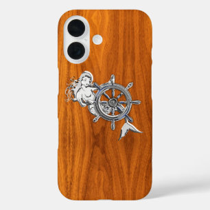 Funda iPhone 16 Sirenita cromada Nautica en la impresión de madera