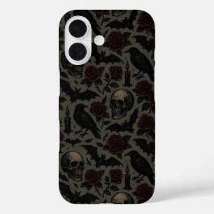 Funda iPhone 16 Skulls góticos, cuervos y patrones de Rosas