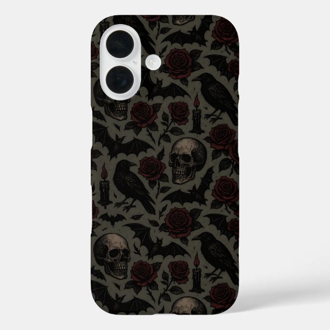 Funda iPhone 16 Skulls góticos, cuervos y patrones de Rosas (Reverso )