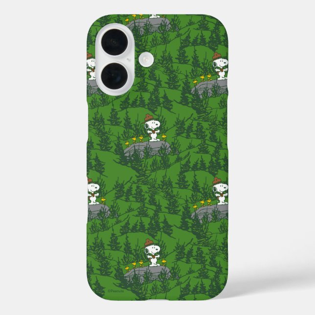 Funda iPhone 16 Snoopy Beagle Scout Senderismo Patrón (Reverso )