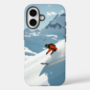 Funda iPhone 16 snowboarder sobre la pista de nieve