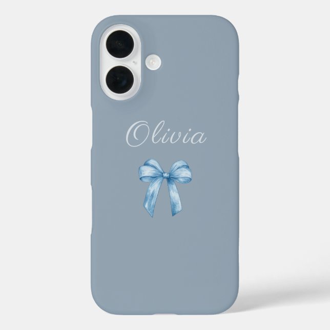 Funda iPhone 16 Soft Blue Aesthetic Bow with Custom Name (Reverso )