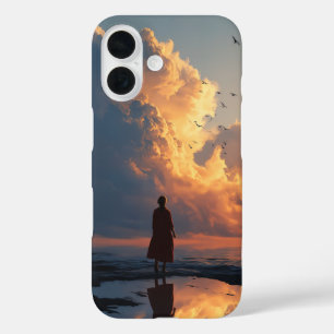 Funda iPhone 16 Soledad del Atardecer: Mujer en Vestido Rojo