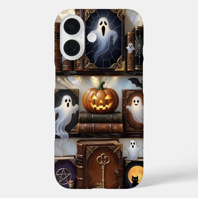 Funda iPhone 16 Spooky Cozy iPhone Case Ghost Pumpkin Bookshelf (Reverso )