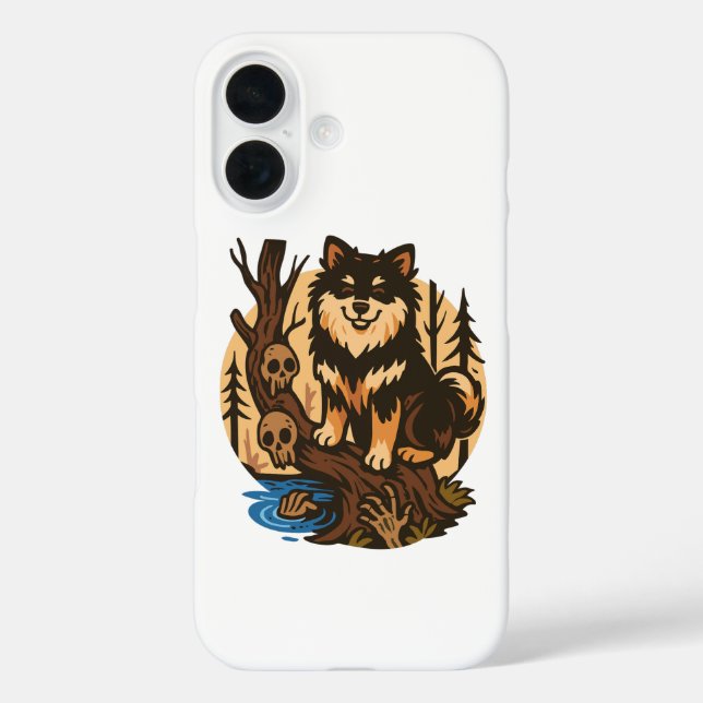 Funda iPhone 16 Spooky Forest Dog with Skulls Horror Art (Reverso )