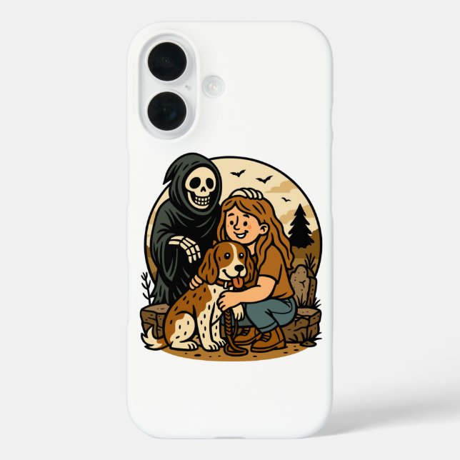 Funda iPhone 16 Spooky Grim Reaper with Girl and Dog Skeleton Art  (Reverso )