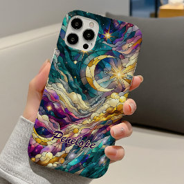 Funda iPhone 16 Stained glass blue green moon