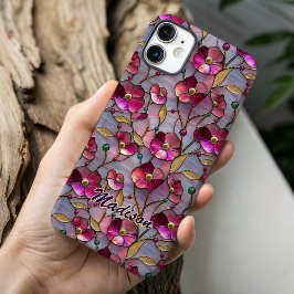 Funda iPhone 16 Stained glass colorful pink flowers pattern