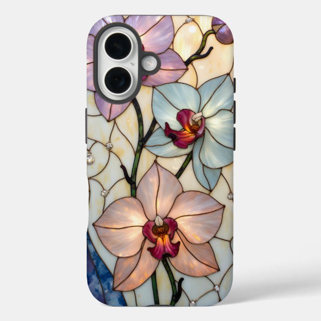 Funda iPhone 16 Stained Glass Orchid Flowers  (Reverso )