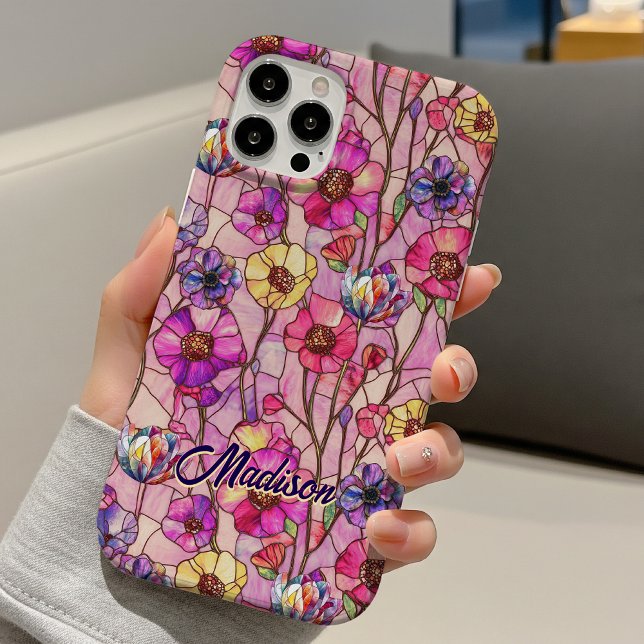 Funda iPhone 16 Stained glass pink purple flowers  (Subido por el creador)