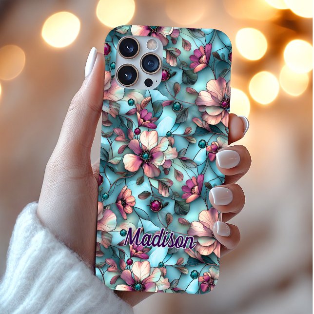 Funda iPhone 16 Stained glass purple blue floral (Subido por el creador)
