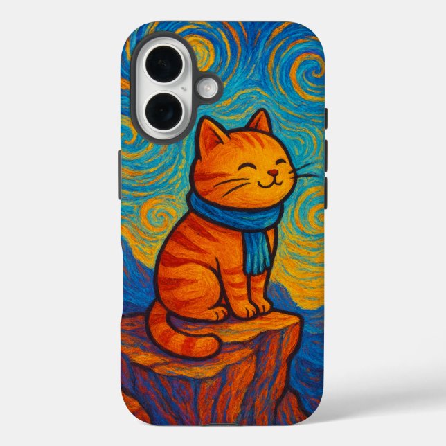 Funda iPhone 16 Starry Night Inspired Cat Illustration Phone Case (Reverso )