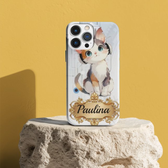 Funda iPhone 16 Steampunk Tech Cat Music Lover Custom Name Case-Ma (Subido por el creador)