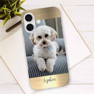 Funda iPhone 16 Su foto, Faux Gold Metalizado y nombre del guión