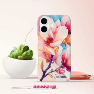 Funda iPhone 16 Su nombre elegancia Flores de Magnolia Rosa
