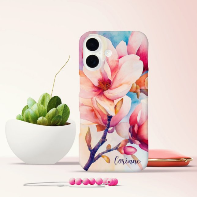 Funda iPhone 16 Su nombre elegancia Flores de Magnolia Rosa (Subido por el creador)