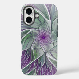 Funda iPhone 16 Sueño de flores, abstracto arte fractal verde púrp