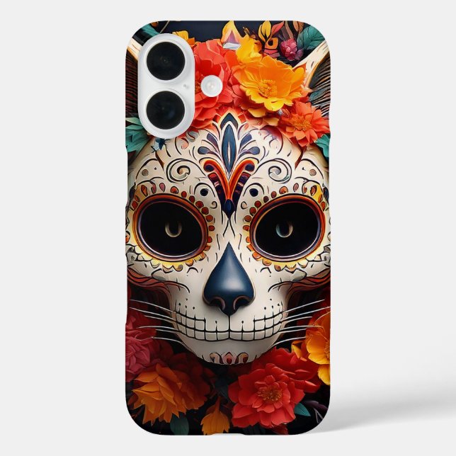 Funda iPhone 16 Sugar Skull Cat con flores para iPhone / iPad (Reverso )