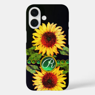FUNDA iPhone 16 SUNFLOWERS,GEMSTONES VERDES EMERRIOS FLORALES MONO