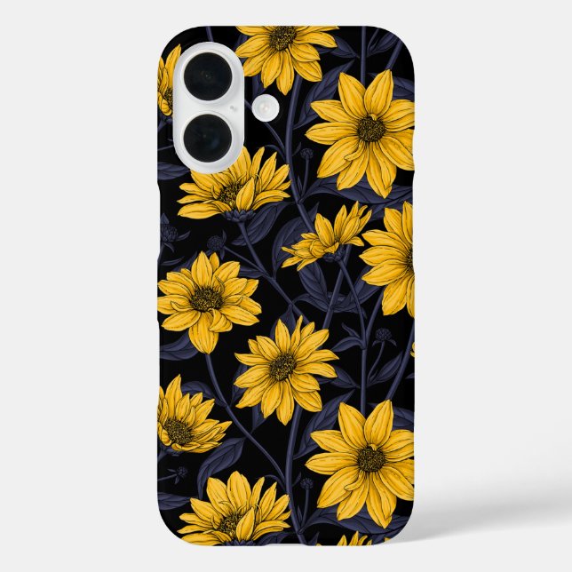 Funda iPhone 16 Sunroot, girasol salvaje en amarillo y azul (Reverso )